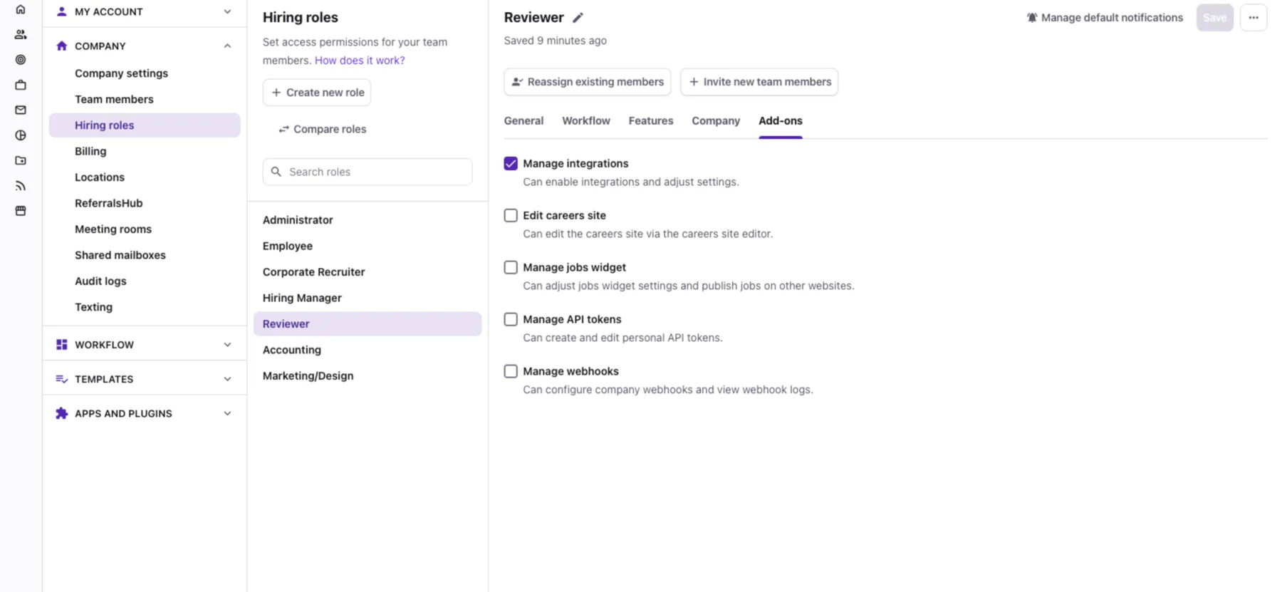 Recruitee Hiring roles Add-ons tab with Manage API tokens and Manage webhooks permissions