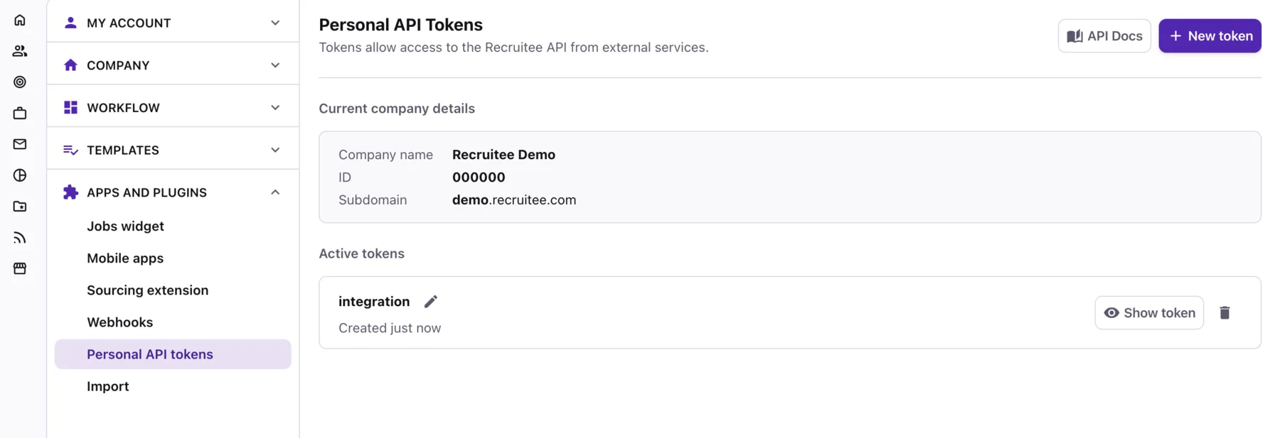 Recruitee Personal API Tokens settings, showing the company ID and New token button