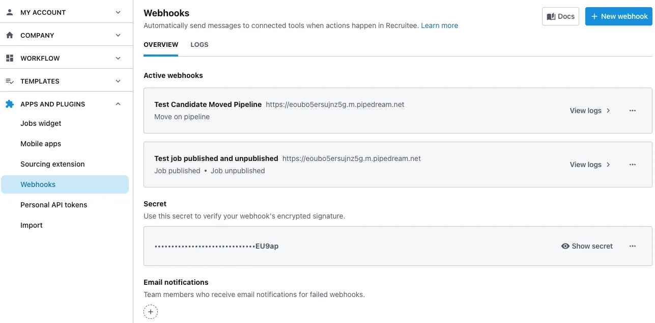 Recruitee Webhooks settings with active webhooks and a masked signing secret
