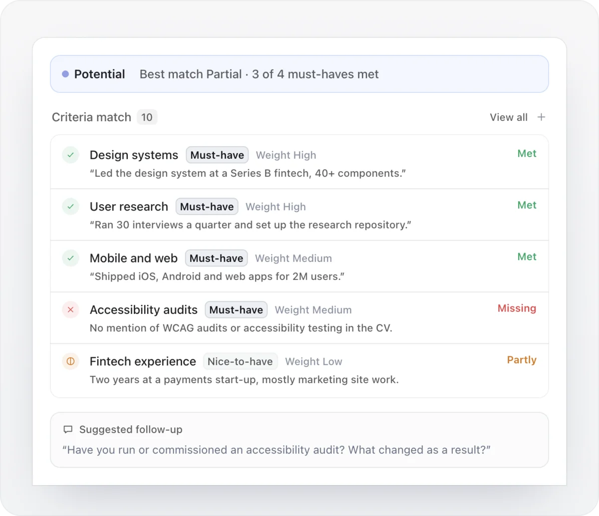 A Best match result: each criterion shows Met, Missing or Partly with the CV line behind it, and a suggested follow-up question